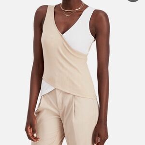 INC International Concepts Beige and White Ribbed Tank Top